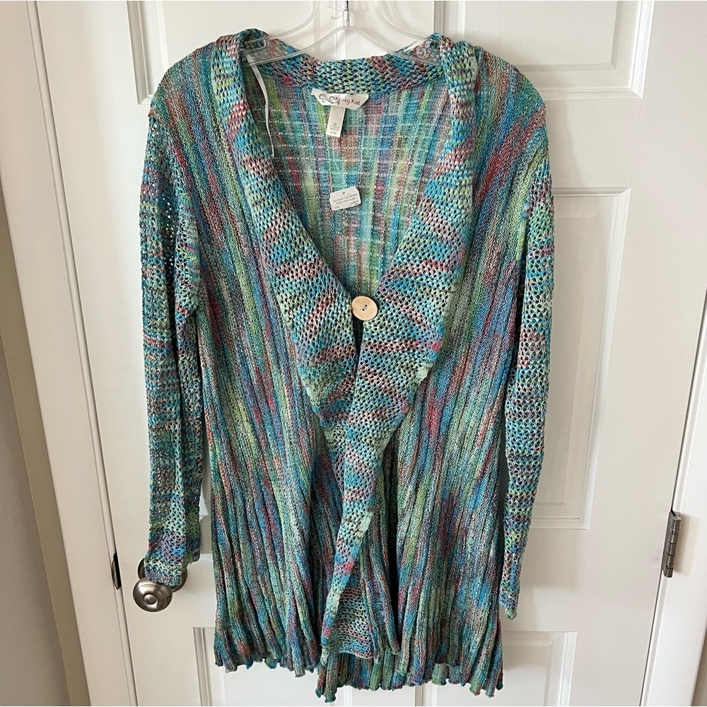 Krazy Kat Multicolor Boho Knit Cardigan Wooden Button Closure Size Medium NEW